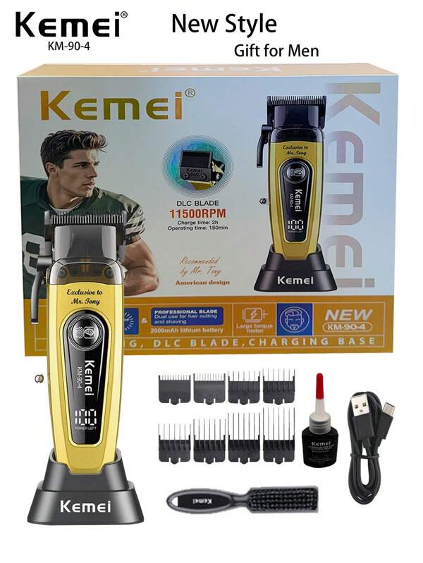 Kemei New Electric Hair Clippper Professional Barber Hair Cutting Machine Brushless Motor Super High Speed 11500RPM Clipper DLC Blade High Quality Salon Or Home Use Haircut For Men Gift Birthday Father Gift KM-90-4