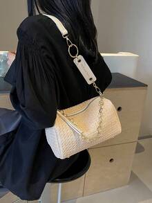 新款春夏撞色条纹编织草编单肩包，时尚字母贴花女士链条单肩包，休闲度假编织斜挎包 - 米色 - 查看 5