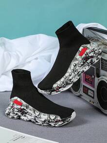 轻便透气休闲个性魅力步行鞋，时尚高级一脚蹬便捷旅行步行鞋，黑色时尚休闲袜鞋，带图案鞋底，男士学校/节日礼物鞋，春夏 - 黑色 - 查看 3