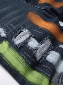 Pantalones cortos de mezclilla rectos con efecto desgastado y estampado de salpicadura de pintura para hombres de moda