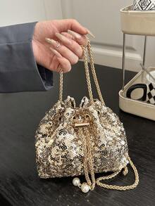 Women's Shiny Fashionable Street Style Drawstring Bucket Bag With Chain Strap Crossbody Bag - Gold - View 1
