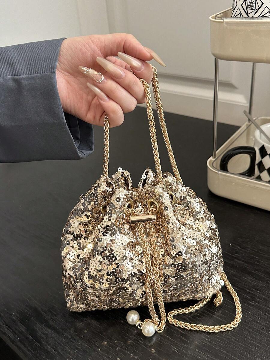 Women's Shiny Fashionable Street Style Drawstring Bucket Bag With Chain Strap Crossbody Bag - Gold - View 1