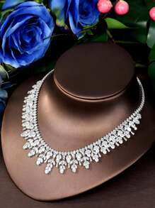1 conjunto de joias de zircônia cúbica brilhante para mulheres, adequado para noivas, casamentos, festas, vestidos, festivais, incluindo colar, brincos, pulseira, 4 peças, moda