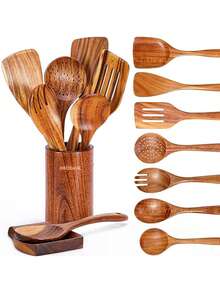 8pcs/9pcs Premium Wooden Kitchen Utensil Set | High Quality, Durable, Heat-Resistant Wooden Spoons, Spoon Rest, Utensil Holder And Non-Stick Spatula - Ergonomic Handles, Easy To Clean, Ideal For Home Cooking And Baking - 9pcs - View 2