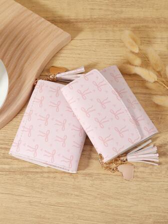 粉色蝴蝶结爱心图案折叠小钱包口袋钱包小钱包双折超薄女士钱包轻便便携信用卡钥匙包短款钱包可爱现代时尚生日礼物圣诞周年纪念女士女孩女士、商务、周年纪念、圣诞节、情人节、生日礼物、礼物、爱人、女士、女士、学校用品包、宿舍和返校