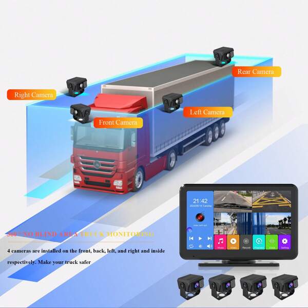 ASAWIN Monitor de coche de 7 pulgadas de 360 grados, 4K, 4X, reproductor MP5/MP3 con pantalla táctil, imagen de inversión de 24V, visión nocturna HD para camiones, autobuses, 4x cámara de vigilancia 4x AHD grabadora dashcam