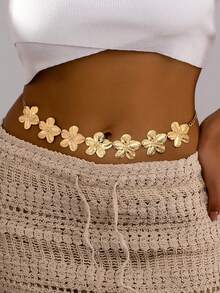 1pc Fashionable 3D Pleated Spiral Flower Waist Chain For Women, Summer Holiday Outfit Accessory - Yellow Gold - View 6