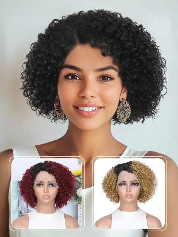 10" Human Hair Curly Wigs For Black Women Lace Front Side Part Human Wigs For Daily & Party Use Wear & Go Curly Human Hair Wig