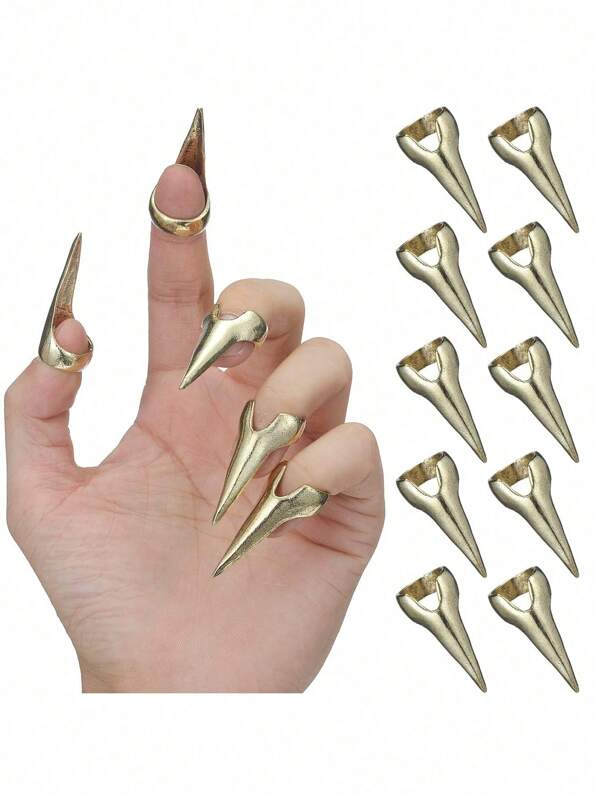 10pcs Hair Division Tool Gothic Nail Finger Role-Playing Claw Metal Full Finger Ring, Used For Hair Braiding, Curly Hair Styling, Hair Extensions, Wigs And Hair Accessories
