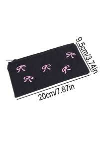 1pc Beautiful Pencil Bag, Creative Bow Embroidery Pattern , Simple And Stylish Pencil Case Desktop Finishing Essentials, Back-To-School Must-Have Stationery