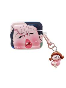 配套型号 1 件趣味波浪边大鼻孔女孩蓝牙耳机盒带吊坠，兼容 Apple 1/2/3/4、Pro/Pro2，卡通趣味图案浮雕无线蓝牙耳机盒，防尘防震防刮保护套 - 彩色 - 查看 22