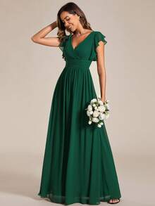 EVERPRETTY Spring Short Sleeve Ruched V-Neck Draped Asymmetric Chiffon Deep Green Bridesmaid Dress/Mother Of The Bride Dress