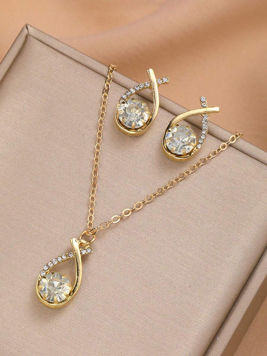3 Stücke/Set Damenschmuckset mit gekreuzten Zirkonia Wassertropfen Anhänger, Ohrringe und Halskette (ohne Geschenkbox)