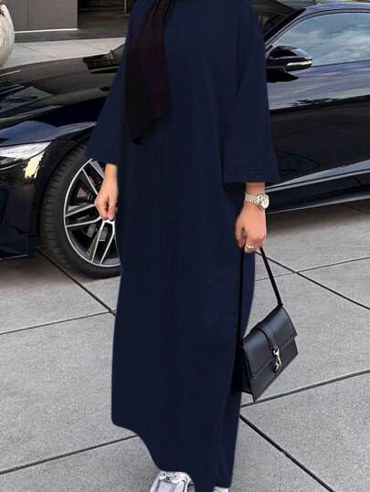 Women's Solid Color Long Sleeve Loose Arabic Style Dress, Modest Kaftan