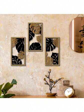 3pcs Boho Hollow Leaves Wall Art, Contemporary Manufactured Wood Craft Decor, No Electricity Needed, Featherless, For Home Farmhouse Living Room Bedroom Office Studio, Studio Decoration | Tropical Theme | Earthy Tones Artwork, Room Decor