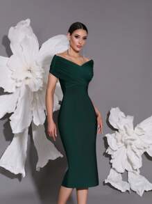 露肩针织绷带连衣裙，优雅奢华的欧式风格，性感修身开衩下摆晚礼服 - 墨綠 - 查看 6