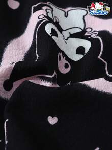 SANRIO [Homely Gents] Conjunto de 2 piezas de top con bolsillo y manga corta con cuello, y shorts con lazo para mujer, adecuado para uso en casa, primavera/verano - Negro - Ver 8