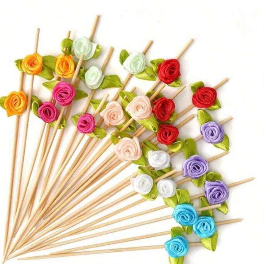 20/50/100 piezas Palillos con forma de flor de rosa de bambú, de 4.7 pulgadas de largo, elegantes palillos de bambú, adecuados para aperitivos, pinchos de fruta, decoraciones de boda, fiestas del Día de San Valentín, alimentos, bebidas y pinchos de fruta, ceremonias de graduación del Día de la Madre y otras ocasiones. - Blanco - Ver 1