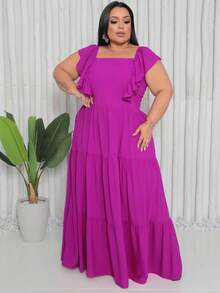 Plus Size Long Dress With Ruffle On The Shoulder - Rose Red - View 1