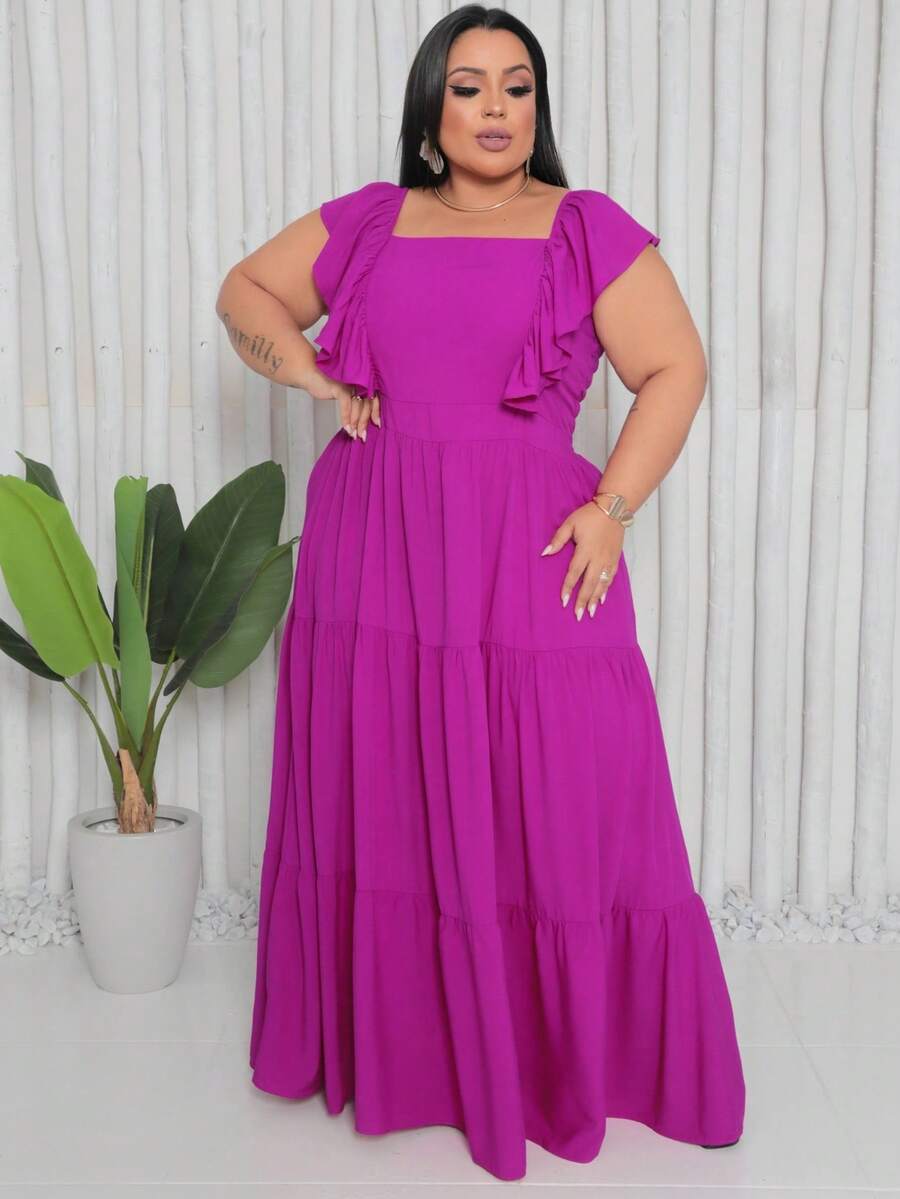 Plus Size Long Dress With Ruffle On The Shoulder - Rose Red - View 1