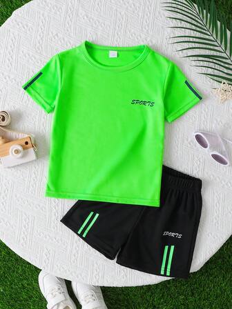2pcs Sports Letter Print Mesh Breathable Short Sleeve T-Shirt And Shorts Set For 3-7 Years Old Kids, Summer Sports, Casual, Outdoor Activities