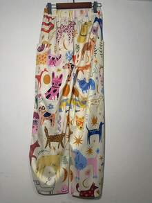 大码秋季女装松紧腰卡通猫口袋阔腿宽松休闲裤 - 杏色 - 查看 2