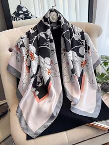 1pc Elegant Floral Print 90cm Bandana Scarf, Versatile For Casual, Fashionable Street Wear, Headband, Neckerchief, Outdoor Sun Protection, Suitable For Styling