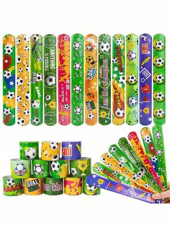12pcs Soccer Slap Bracelets - Plastic Wristbands With Football Designs, Party Favors, Classroom Prizes, Birthday Gifts For Sports Enthusiasts, Soccer Accessories