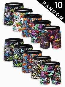 10 Random Pcs Of Men's Multi-Element Long Boxer Briefs, With A Variety Of Game Consoles, Graffiti And Snack Food Prints To Choose From, Fashionable And Colorful Sets,  Comfortable, Not Easy To Deform, A Unique Gift For Him
