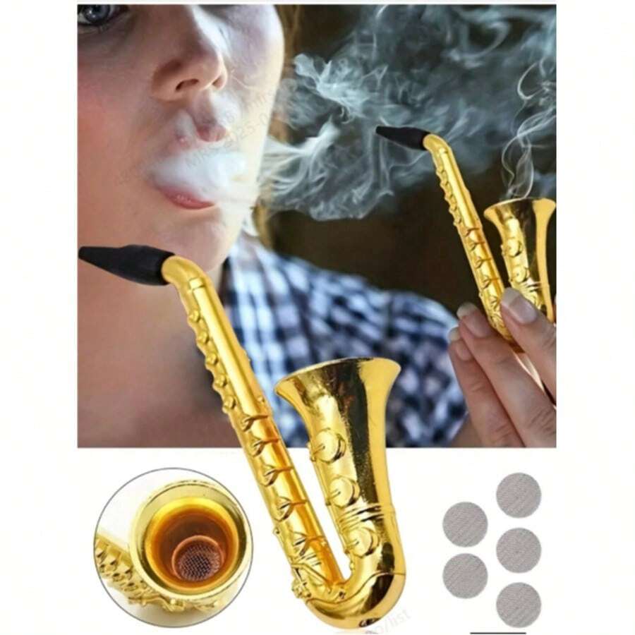 1pc Creative Mini Portable Metal Saxophone Smoke Pipe, Tobacco Herb Smoking Pipes, Cigarette Accessories Filters With Mesh - Multicolor - View 1