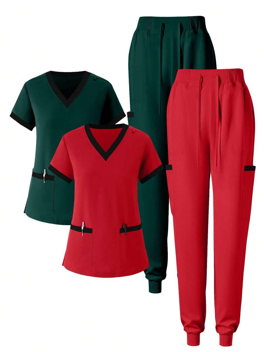 (Four-Piece Set) Scrubs Uniform Women's Running Matte Elastic Sports Nurse Uniform Wash Clothes Work Clothes Breathable Scrub Shirt - 紅色 - 查看 1