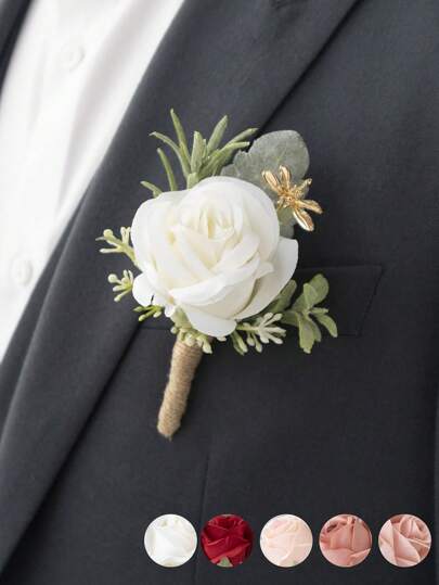1 Pieza Boutonnière de boda para novio y padrinos, Broche de solapa con rosa falsa de tacto real, Corsage elegante para hombre para traje, baile de graduación, eventos formales (Blanco, Champán, Rojo, Coral claro, Marrón rosado)