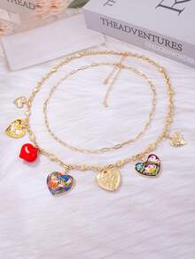 1pc Retro Drip-Oil Red Heart Alloy Sunflower Pendant Necklace, Multi-Layered Wear - Gold Necklace With Heart Pendant - View 5