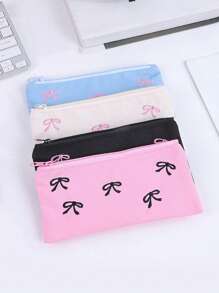 1pc Beautiful Pencil Bag, Creative Bow Embroidery Pattern , Simple And Stylish Pencil Case Desktop Finishing Essentials, Back-To-School Must-Have Stationery