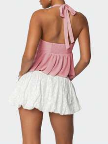 Women Y2K Halter Top Summer Sequin Beaded Crop Tank Tops Sheer Mesh Split Hem Tie Up Backless Sleeveless Cami Deep V Neck Open Back Vest Tops Slim Fit Floral Embroidery Shirts Sexy Going Out Coquette Tops Club Streetwear Fairy Grunge Aesthetic Clothes Outfit - Hồng - Xem 5