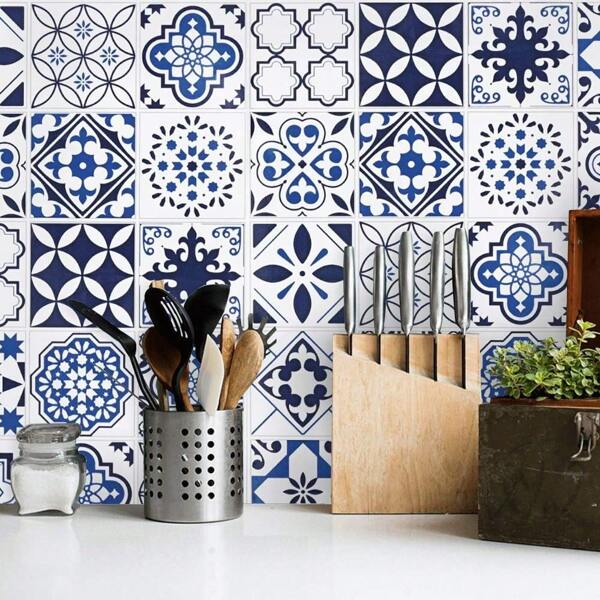 Papel tapiz de azulejos de cerámica azules autoadhesivos, pegatinas de azulejos bohemios, azulejos de adhesivo fácil de aplicar para cocina, baño, dormitorio, papel de contacto impermeable para pisos