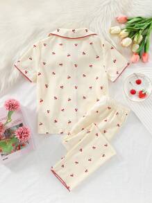 2 piezas Conjunto de ropa de dormir para niña preadolescente: Camiseta de manga corta con estampado de cerezas y pantalón largo, para verano