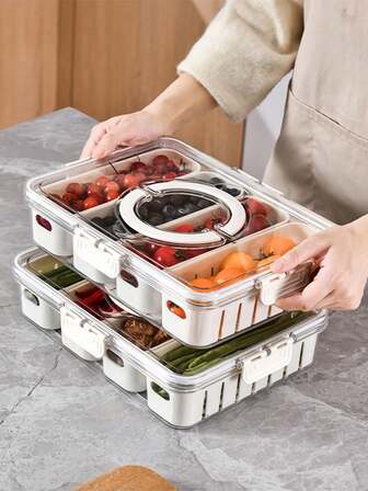 1个现代多功能厨房储物盒，PP材质，防漏密封，分格设计带排水孔，大尺寸带提手，适用于冰箱存放蔬菜、水果、肉类、调味料、香草，也适用于户外露营和野餐食品保鲜。