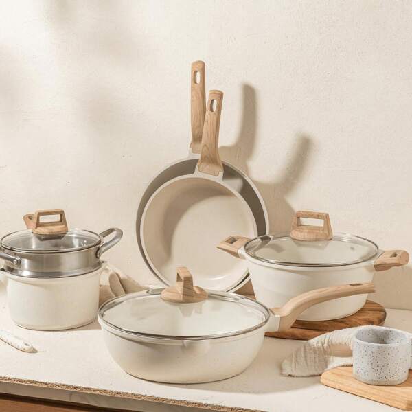 1 pièce Set de casseroles et poêles antiadhésives, batterie de cuisine en granit blanc compatible induction, parfait pour le camping, peut aller au four pour les fruits de mer