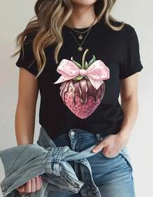 Camisetas De Mujer  Manga Corta con Estampado  De Dibujos Fresa chocolate ,cuello redondo Casual Negra Playeras De Mujer con estampado de dibujos animados - Negro - Ver 1