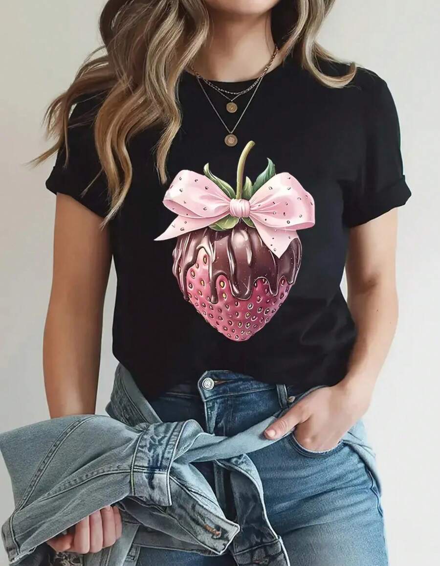 Camisetas De Mujer  Manga Corta con Estampado  De Dibujos Fresa chocolate ,cuello redondo Casual Negra Playeras De Mujer con estampado de dibujos animados - Negro - Ver 1
