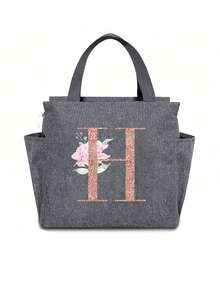 Personalized Initial Recognition Grey Insulated Lunch Bag - Canvas Thermal Lunch Tote, Zipper Closure, Large Capacity Aluminum Foil Lining, Suitable For Work And School Use, Portable Handheld Lunch Bag, Food Cooler Bag, Ideal For Work, School, Travel, And Women's Day Gift. Lightweight Reusable, Splash-Proof, Suitable For Picnics, Office, School And Outdoor Activities - Easy To Clean, Water-Resistant, Compact Design. - Grey - View 11