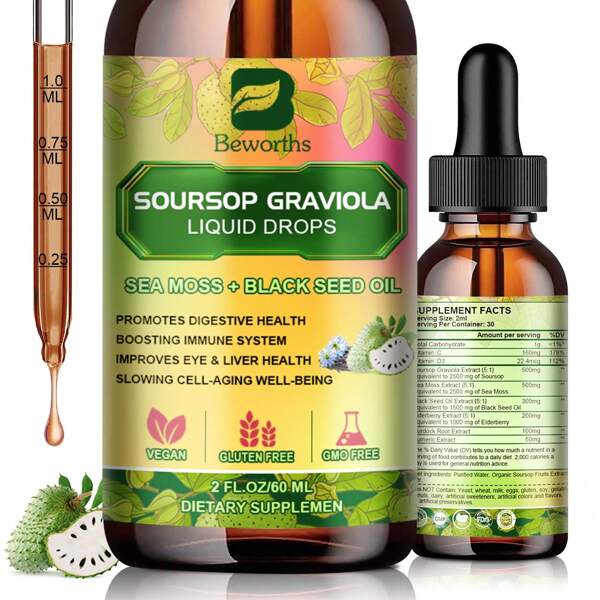 Beworths 8-IN-1 Soursop Graviola Liquid Drops, Natural Graviola Leaf & Fruit Complex Supplement With Sea Moss, Black Seed Oil, Elderberry, Burdock Root, Concentrated 5:1 Extract Soursop Bitters For Immune,Liver & Eye Support,Gluten-Free, 2fl.0Z/2.03oz