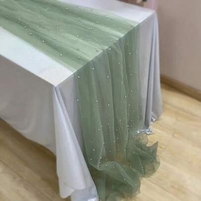 1pc Pearl & Lace Table Runner, Wedding Arch Decor, Bridal Shower Gift Table Decoration Fabric, Romantic Pearl Lace Tablecloth, Suitable For Event, Embroidered Transparent Wrinkle-Resistant White Dessert Table