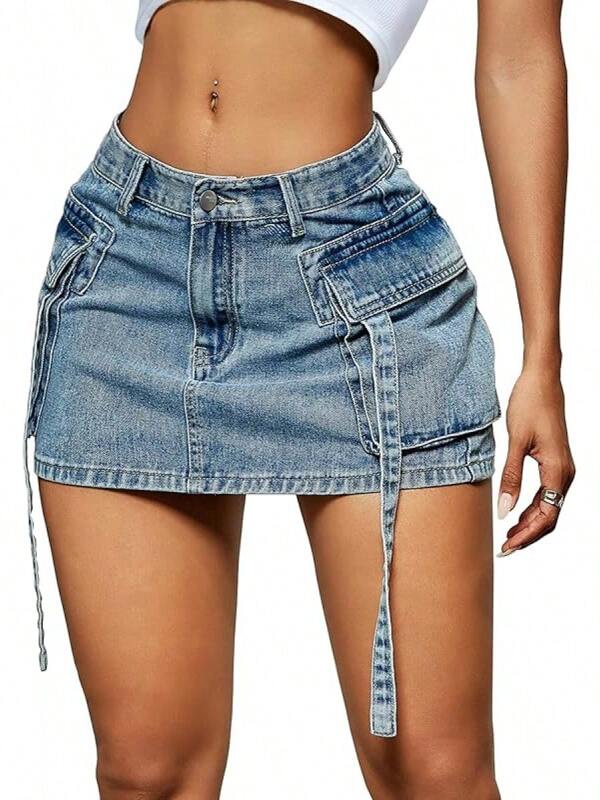 Women Cargo Skirt Denim Mini Low Waist Y2K Jean Skirts With Pockets