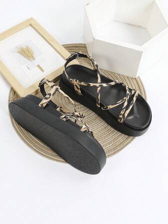 女士时尚厚底坡跟凉鞋，厚底高跟一脚蹬沙滩鞋，蝴蝶结系带，黑色