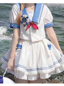 Gotea Girl's Sailor Uniform Set, Blue Navy Academy Style Short Sleeve Summer Set (Comes With Tie) - White - View 6