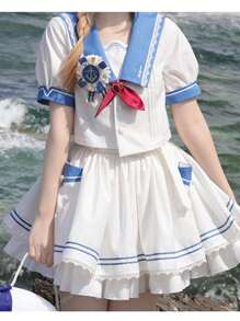 Gotea Girl's Sailor Uniform Set, Blue Navy Academy Style Short Sleeve Summer Set (Comes With Tie)