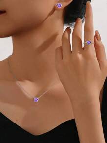 1pc/Set 925 Sterling Silver Purple Heart-Shaped Rhinestone Necklace Ring & Earring Set For Women Fine Jewelry Gift