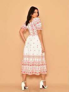 Helena Crepe Printed Midi Dress With Short Sleeves - Red - View 4